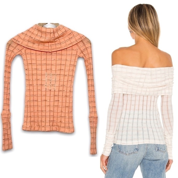 NWT FREE PEOPLE Ribbed Knit Striped Off Shoulder Après-ski Peach Sweater Top XS - Picture 2 of 13